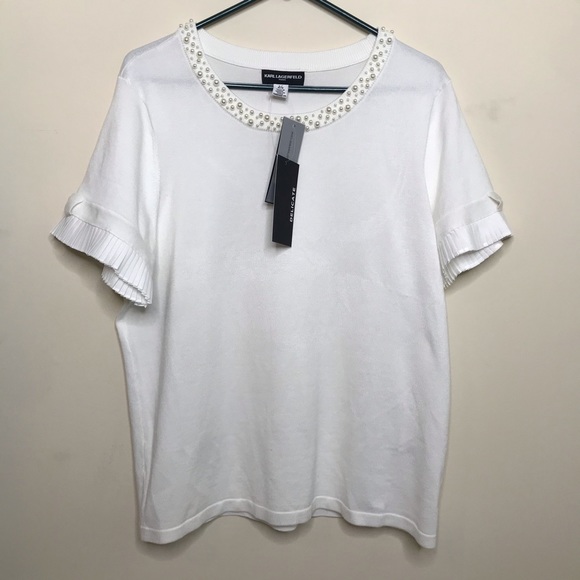 Karl Lagerfeld Top Beaded Neckline Ruffle Sleeve - Picture 4 of 9